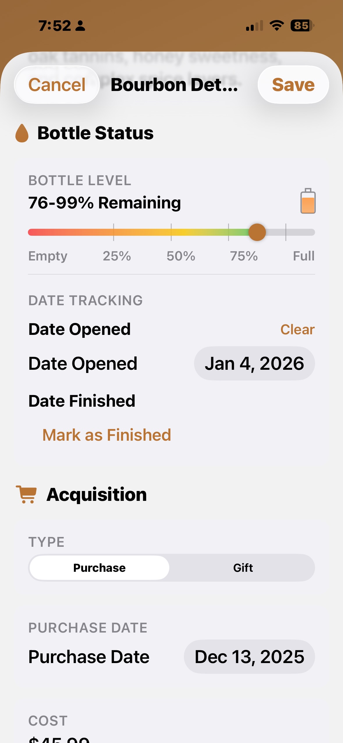 BourbonVault Bottle Information