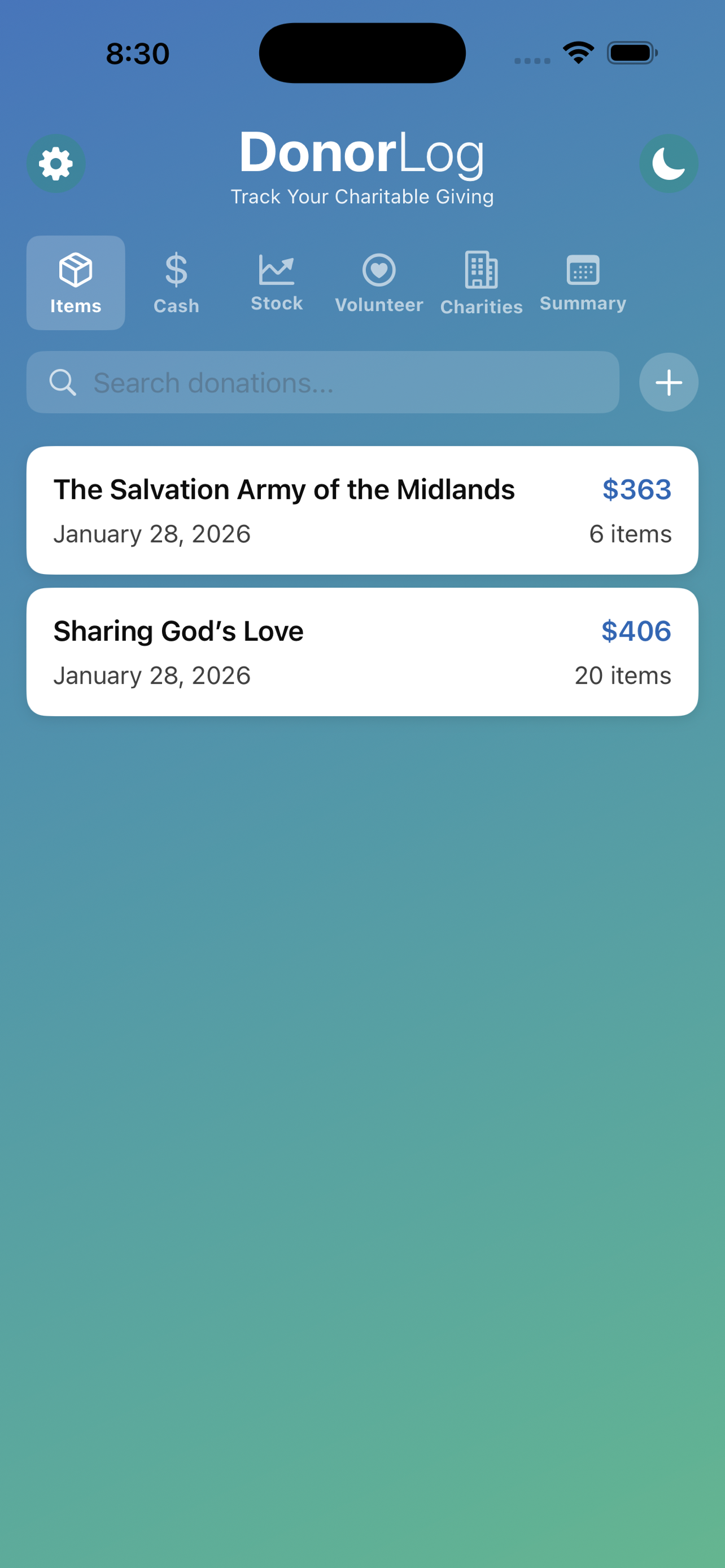 DonorLog Item Selection